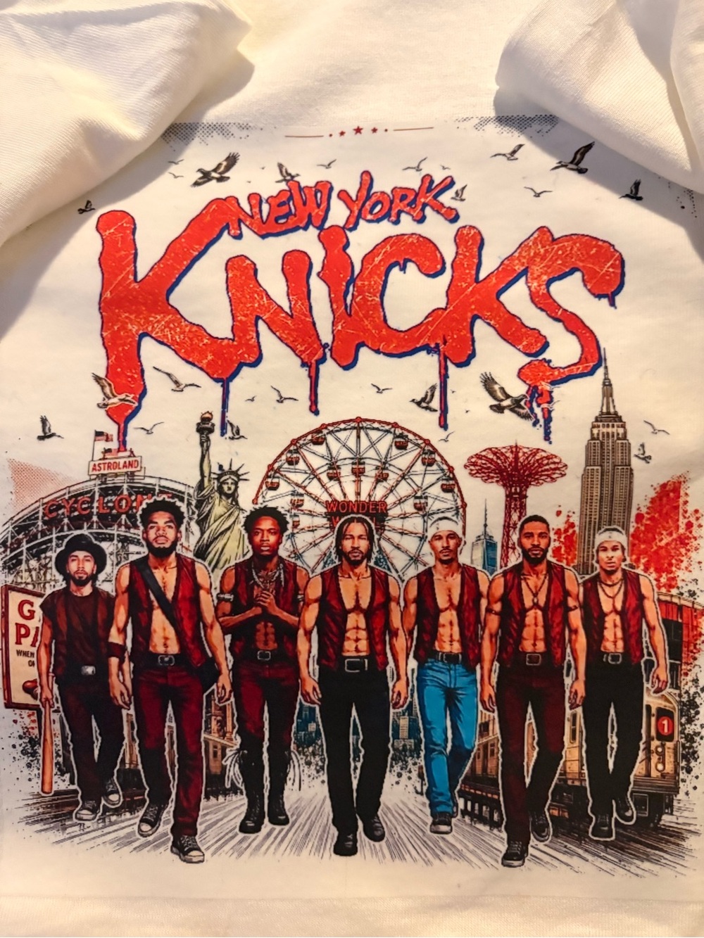 White New York Knicks The Warriors Graphic Tee with Red and Blue Print